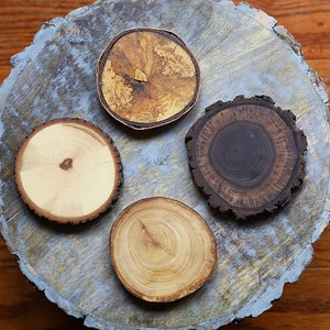 Variety Pack Natural Tree Wood Coasters with Bark (4-Pack) | Coasters For Drinks, Bars, Mancaves, Coffee Tables | Rustic Gifts & Home Decor