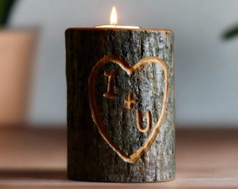Custom Carved Initials Wood Tealight or Votive Candle Holder, Personalize Your Initials, Heart Engraved In Bark | 5 Year Anniversary Gift