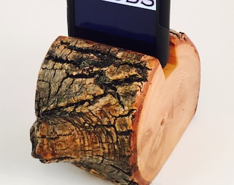 Suporte para celular de madeira natural e estação de carregamento com casca | Suporte de mesa para celular | Estação de carregamento de celular de madeira | Estação de acoplamento