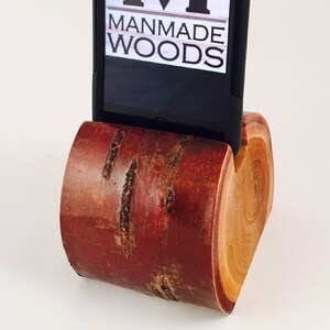 Natural Copper Birch Wood Cell Phone Holder & Charging Station with Bark