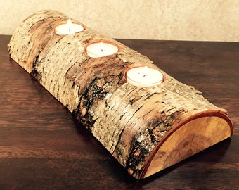 Half Log Birch Wood Candle Holder