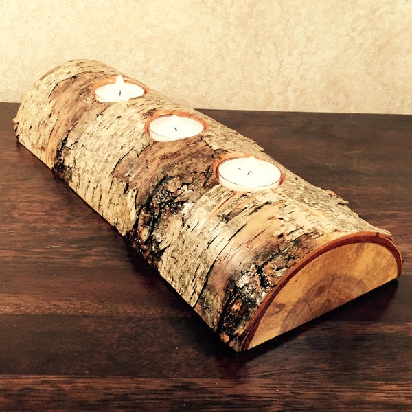 Half Log Birch Wood Candle Holder