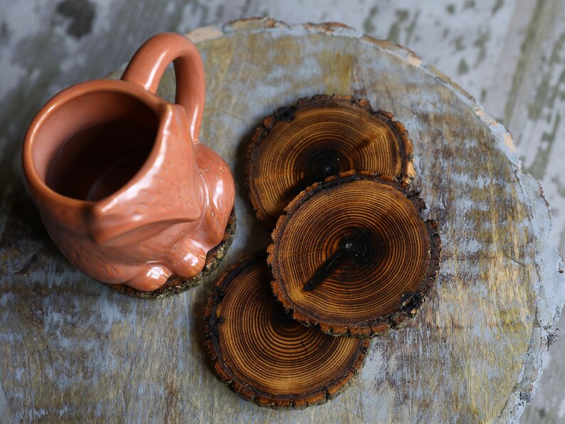 Shou Sugi Ban Style Burned Natural Tree Wood Coasters with Bark (4 or 6 Pack) | Japanese Style Tree Wood Coasters | Shou Sugi Japanese