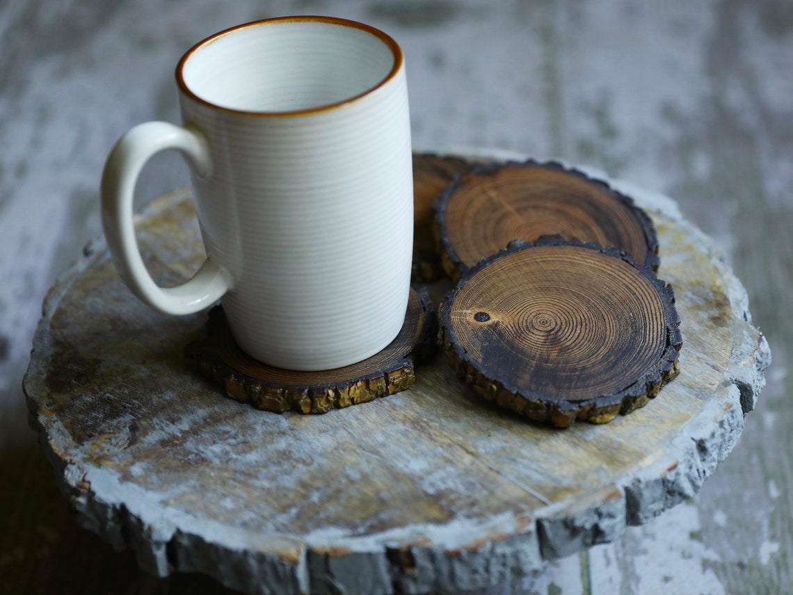Natural Tree Wood Coasters With Bark & Dark Stain (4-pack) - Etsy