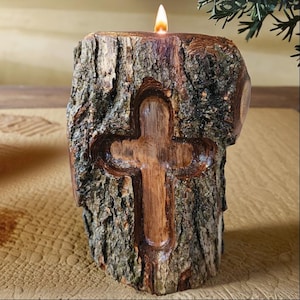 Rustic Christian Cross Log Candle Holder – Natural Wood Decor for Memorial, Prayer, Religious Gift, Farmhouse or Cabin Style
