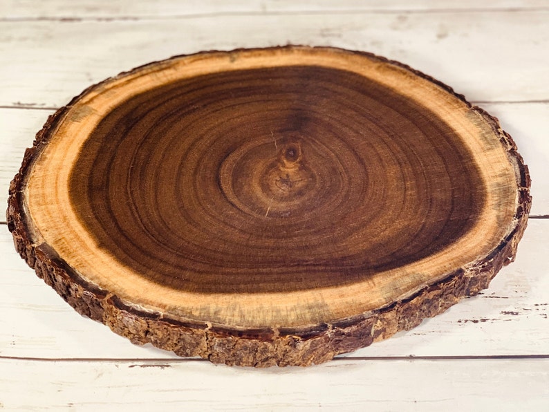 Round Wood Cutting Board & Serving Tray with Bark - Handcrafted Natural Tree Wood - Personalize It With Custom Text - Sealed with Vitamin E