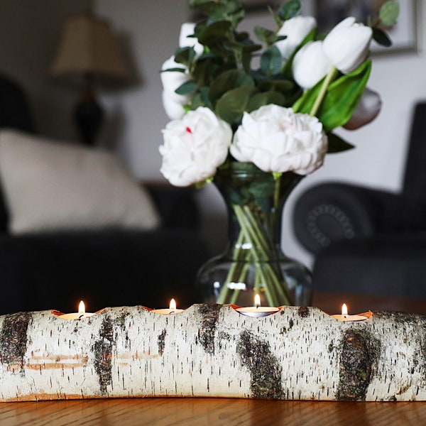 Full Log Birch Wood Branch Candle Holder, Real Birch Wood With Tealight Holes, Reclaimed White Birch Wood Tree Branch Tealight Candle Holder