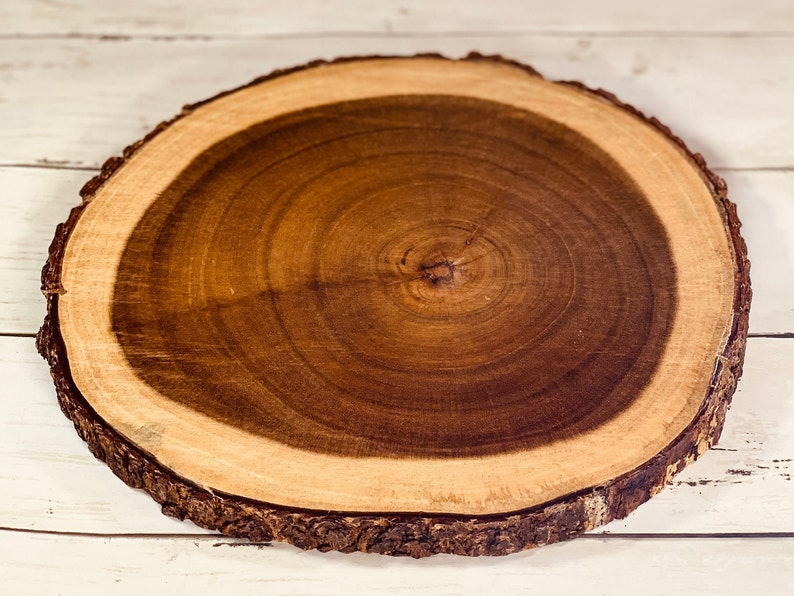 Round Wood Cutting Board & Serving Tray with Bark - Handcrafted Natural Tree Wood - Personalize It With Custom Text - Sealed with Vitamin E