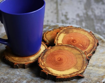 Rare Red Oak Natural Tree Wood Coasters with Bark (4 or 6 Pack), House Warming Gifts, Rustic Home Decor, Wooden Drink Coasters