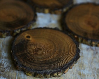 Natural Tree Wood Coasters with Bark & Dark Stain (4-Pack)