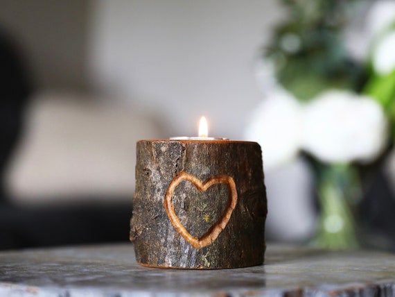 Hand Carved Heart Wood Tea Light Candle Holder Live Edge Wood Bark Tealight Rustic Style Home Decor Unique Gift For Your Love