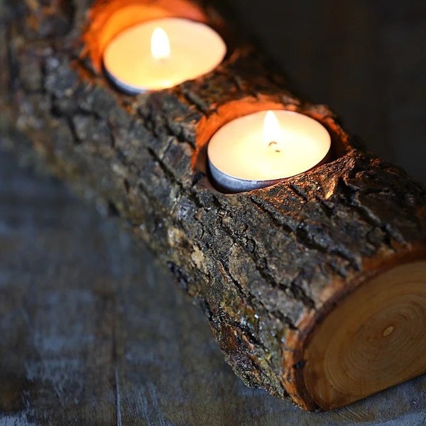 Full Log Branch Wood Tealight Candle Holder, Natural Cut Log Out Of Tree Wood, Reclaimed Sealed Wood Tealight Holder, Gifts Under 30