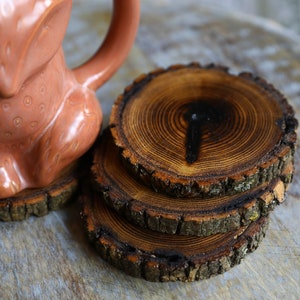 Shou Sugi Ban Style Burned Natural Tree Wood Coasters with Bark (4 or 6 Pack) | Japanese Style Tree Wood Coasters | Shou Sugi Japanese