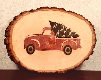 Rustic Wood Sign With Truck and Snowy Tree, Personalized Wall Hanging, Wood Slab Decor with Holiday Picture, Wooden Color Sign With Bark