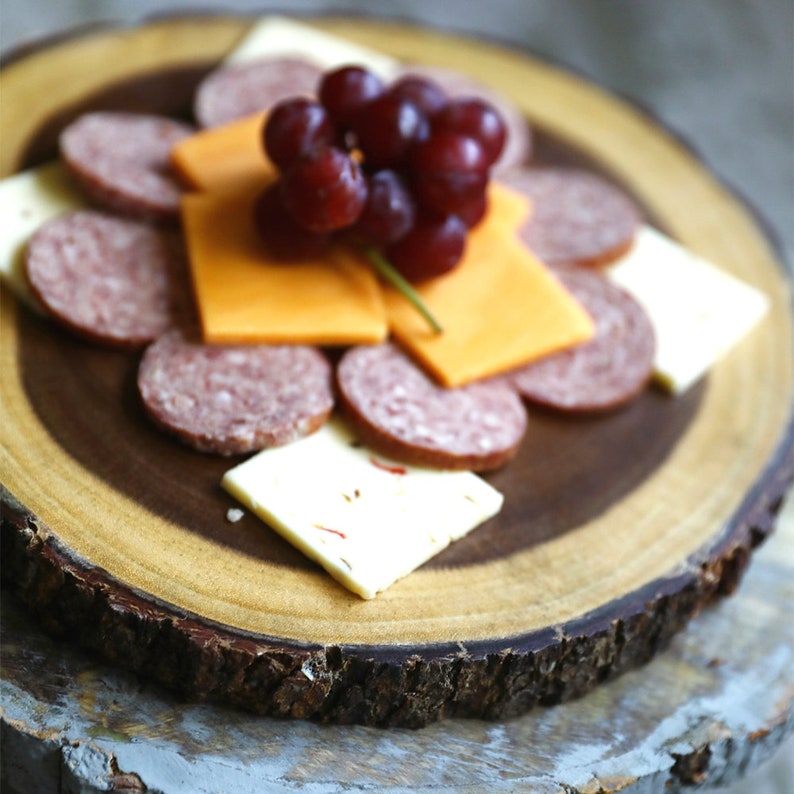 Round Wood Cutting Board & Serving Tray with Bark - Handcrafted Natural Tree Wood - Personalize It With Custom Text - Sealed with Vitamin E