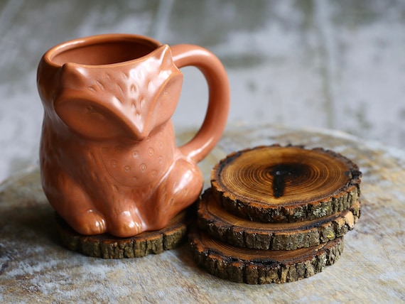 Shou Sugi Ban Style Burned Natural Tree Wood Coasters with Bark (4 or 6 Pack) | Japanese Style Tree Wood Coasters | Shou Sugi Japanese
