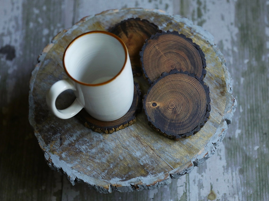 Natural Tree Wood Coasters With Bark & Dark Stain (4-pack) - Etsy