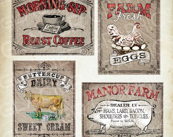 Country Farmhouse Printable Grain Sack Prim ATC Vintage Farm ACEO Cards Vintage Sweet Cream Vintage Pork Vintage Coffee Vintage Fresh Eggs
