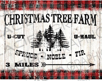 Plaid Country Christmas Tree Farm U-Cut Christmas Trees Primitive Sign Digital Download Country Farmhouse Christmas Trees Transfer Image