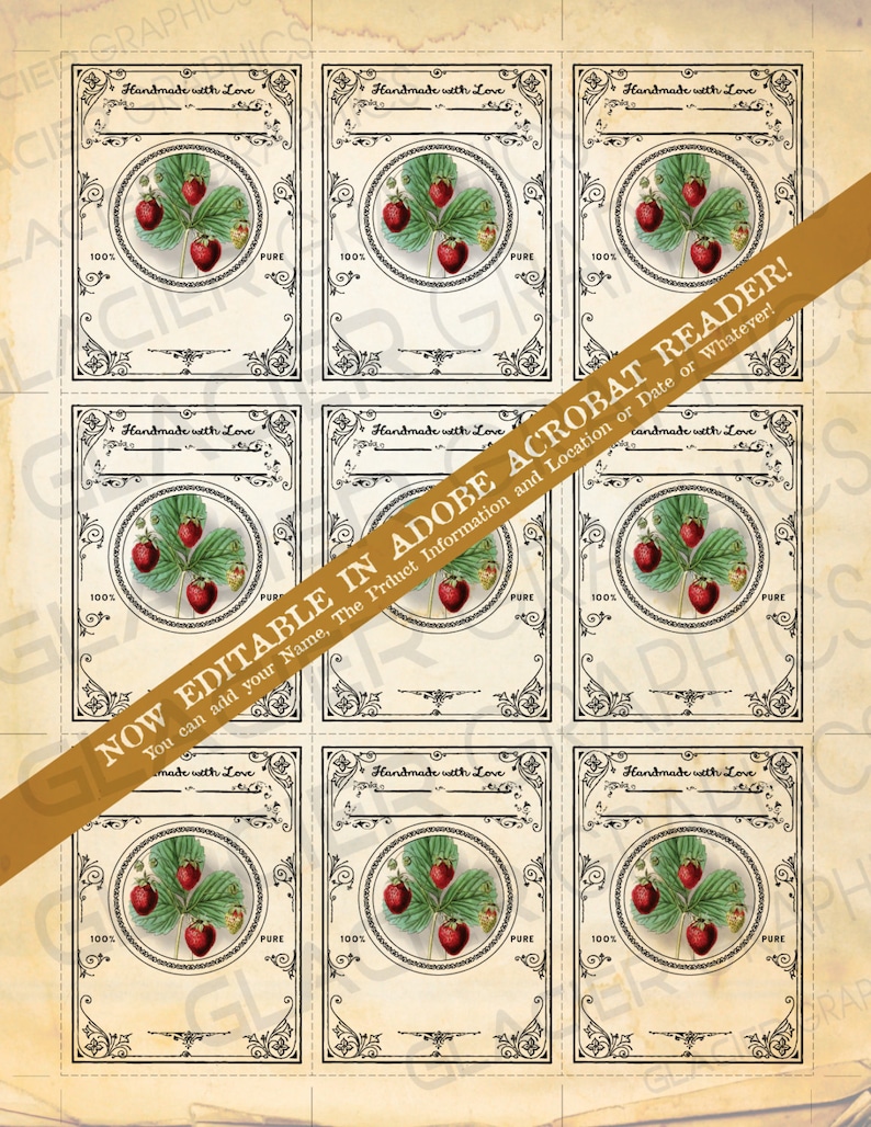 May include: A sheet of vintage-style labels featuring a strawberry design. Each label has a circular illustration of strawberries and leaves, with the text "Handmade with Love" and "100% Pure". The labels are framed with decorative borders.