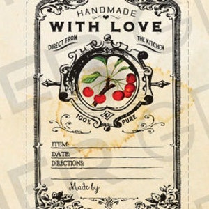 May include: A black and white printable label with a vintage design. The label says "Handmade with Love" and has a cherry illustration. It includes spaces for "Item", "Date", and "Directions".