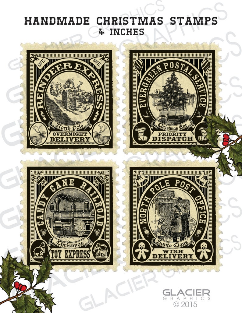 Christmas Stamps for Labels Tags Digital Download Printable DIY Vintage Style Clip Art Images Collage Sheet Vintage Christmas Printable