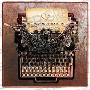 May include: A vintage typewriter with a heart drawn on a piece of paper in the carriage. The typewriter has a black and silver finish and the keys are labeled with the letters "LOVE YOU".