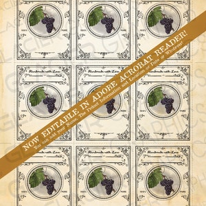 May include: Nine printable labels with a vintage design featuring a bunch of grapes in a circle. The labels have a black border and say "Handmade with Love" at the top. The text "100% Pure" is at the bottom of each label.