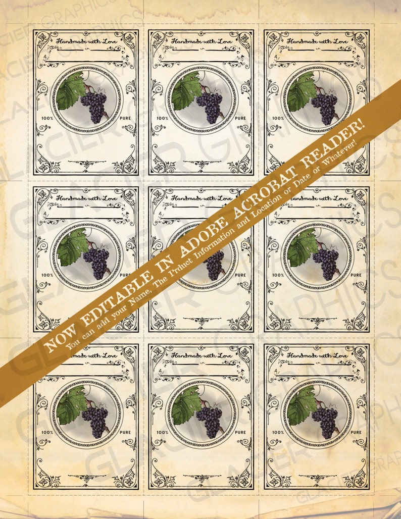 May include: Nine printable labels with a vintage design featuring a bunch of grapes in a circle. The labels have a black border and say "Handmade with Love" at the top. The text "100% Pure" is at the bottom of each label.