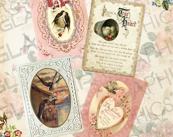 Vintage Victorian Valentine Cards Love Birds Valentine Labels ATC Valentine Labels Digital Download Printable Fabric Transfer Collage Sheet
