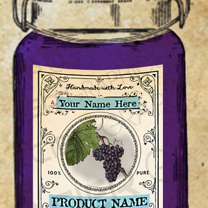 May include: A purple glass jar with a vintage label. The label features a grapevine with grapes, the text "Handmade with Love", "Your Name Here", "100%", "PURE", "PRODUCT NAME", and "Location, Date or Whatever".
