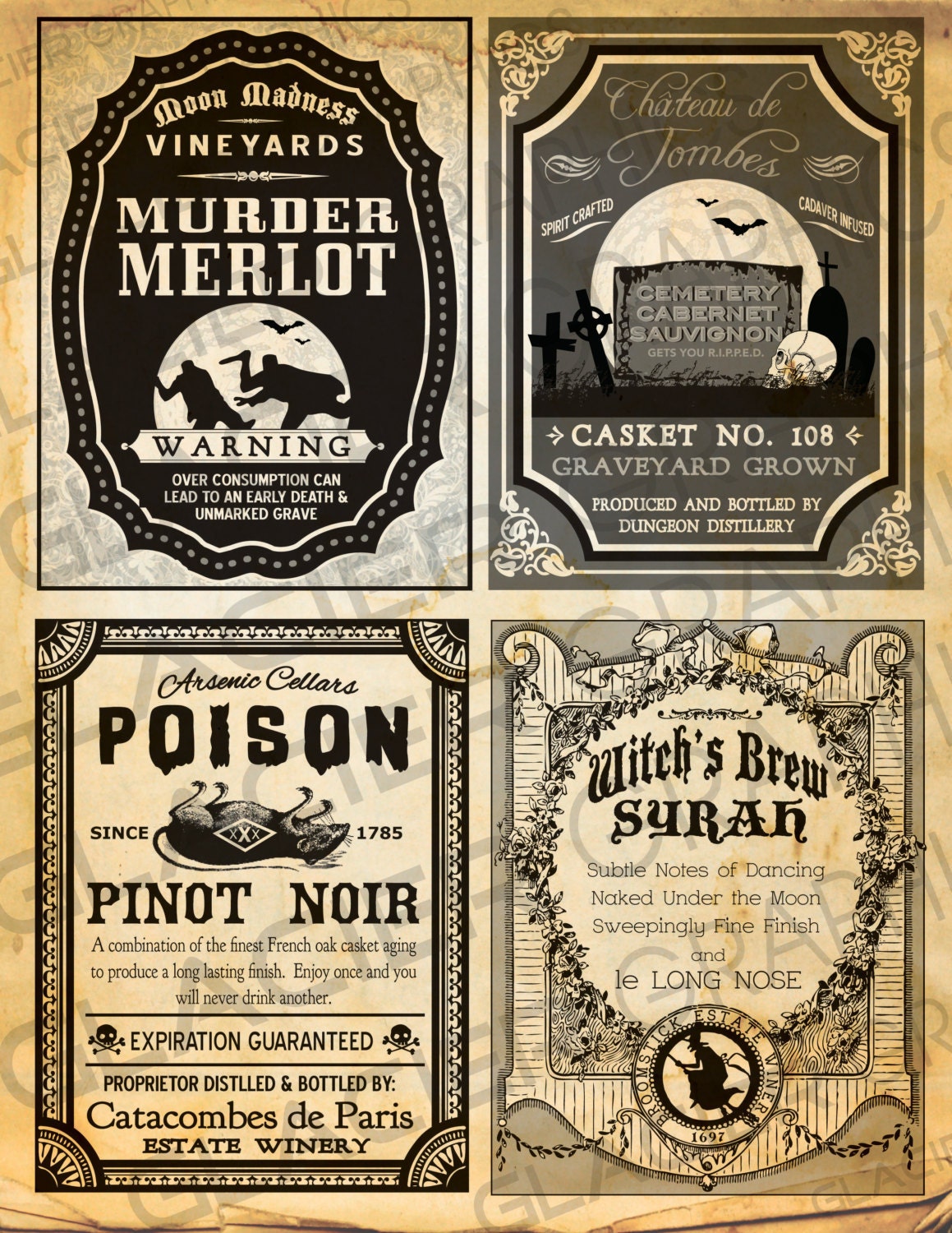 Vintage Halloween Witch Red Wine Labels Halloween Wine Bottle Labels Halloween Witch Potion Label Digital Download Printable Collage Sheet