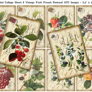 May include: Digital collage sheet with eight vintage French postcard images featuring various fruits, including cherries, blueberries, grapes, strawberries, and peaches. Each image is 2.4 inches by 3.5 inches.