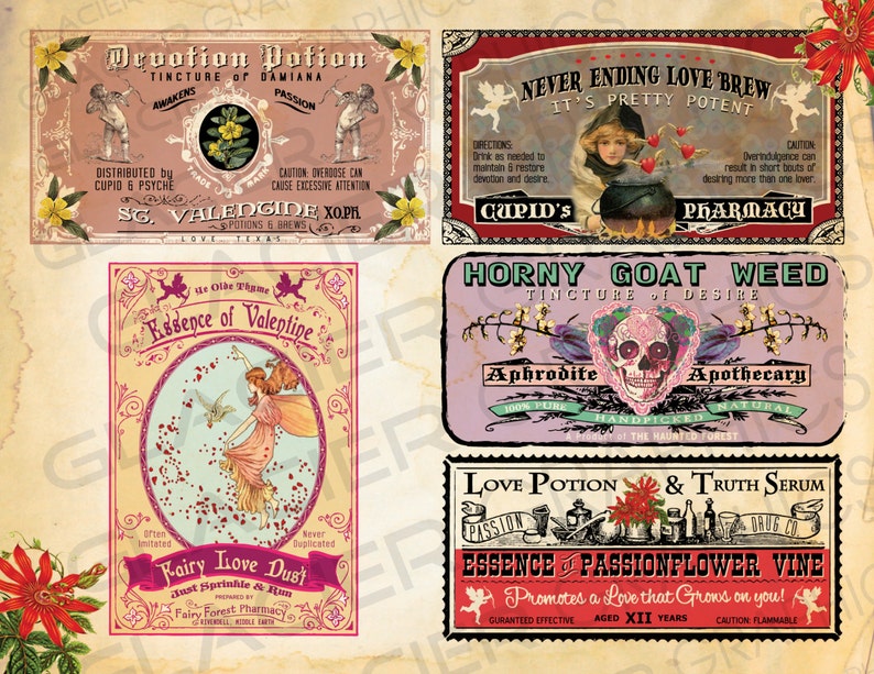 Love Potion Bottle Labells Skull Witch Potion Labels poison Labels Digital Download Collage Sheet Poison Apothecary Tags Goth Labels image 3