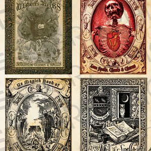 May include: Four vintage-style illustrations of spell books. The top left image features the text "Secret Book of Witch Wars" and "Reversing Curses & Spells." The top right image shows a red skeleton with a heart and the text "Love Spells, Chants & Charms."