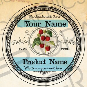 May include: Circular label design with a vintage aesthetic. The label features a central illustration of raspberries, surrounded by text that reads "Handmade with Love," "Your Name," "Product Name," and "Whatever you want here." The design includes decorative borders and flourishes.