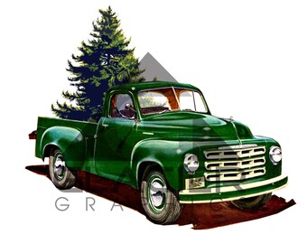 Vintage Green Studebaker Truck & Christmas Tree Farm PNG File Transparent Background for Scrapbooking Signs Prints Christmas Truck Clipart