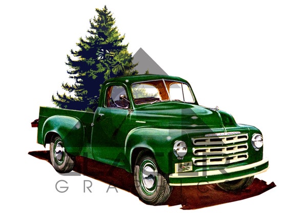 Vintage Green Studebaker Truck & Christmas Tree Farm PNG File Transparent Background for Scrapbooking Signs Prints Christmas Truck Clipart