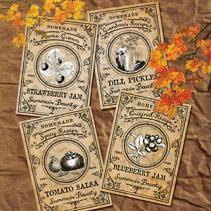 Dill Pickles Label, Summer&#39;s Bounty Labels, Digital Rustic Style Gift Tags DIY Jam Illustration Collage Sheet Canning Labels Download