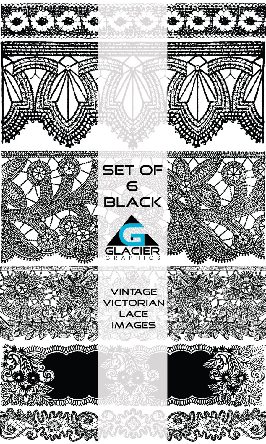 Victorian Lace Illustrations: 6 Black Vintage PNG Clipart (digital ...