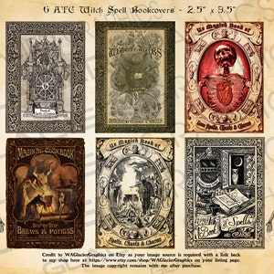 May include: Six ATC witch spell book covers, each 2.5" x 3.5", featuring vintage illustrations. The covers display intricate designs, including a skeleton, a skull, and text such as "Magickal Cookbook" and "Book of Spells and Charms". The color palette is primarily sepia and brown.