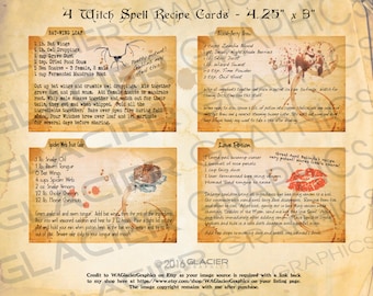 Digital Halloween Witch Recipe Cards Halloween Witch Spells Vintage Style Collage Sheet Printable Scrapbook Image Clip Art
