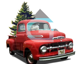 Vintage Red Truck & Christmas Tree Farm PNG File Transparent Background for Scrapbooking Decoupage Signs Prints Labels Christmas Clipart