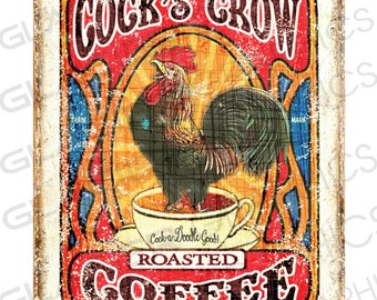 Vintage Coffee Sign Print Digital Download Country Farmhouse Printable Coffee Sign Country Scrapbook Rooster Coffee Prim Coffee  Sign