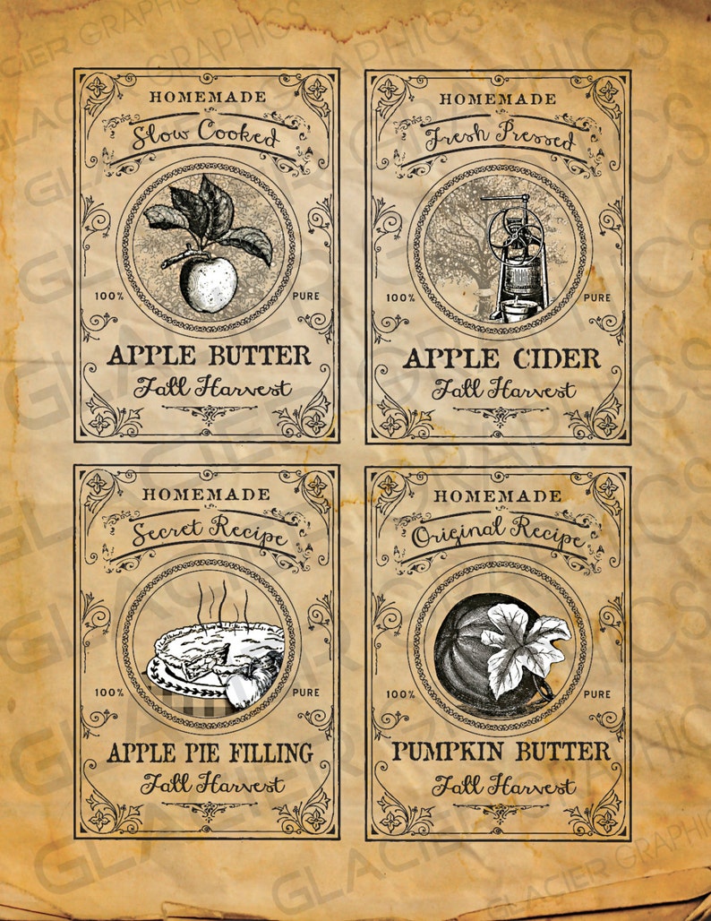 Apple Butter Labels, Fall Fruit Gift Tags DIY Apple Cider Illustration Pumpkin Butter Labels Apple Pie Filling Canning Labels Digital image 2