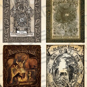 May include: Four vintage-style book covers with ornate borders. Titles include "Book of Spells & Fortunes," "Secret Book of Witch Wars," "Magikal Cookbook," and "Ye Magick Book of Spells, Chants & Charms." Each features detailed illustrations.