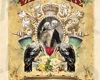 Goth Victorian Valentine Cards Printable DIY Gothic Grunge Antique Cards Skeleton Cards Raven Cards Love Birds Goth Altered Art Witch Cards