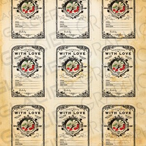 May include: Nine printable labels with a vintage design featuring a cherry branch with red cherries. Each label has a black and white border with the text "Handmade with Love" and space for the item, date, directions, and who made it.