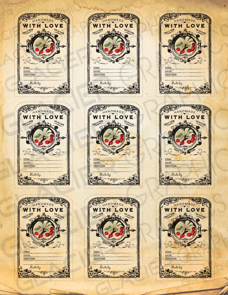 May include: Nine printable labels with a vintage design featuring a cherry branch with red cherries. Each label has a black and white border with the text "Handmade with Love" and space for the item, date, directions, and who made it.