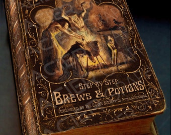 May include: A vintage book cover with a dark brown background and gold accents. The title is "Magikal-Cookbook Volume 1" and the subtitle is "Step by Step Brews & Potions Assembled by the Coven Society of Massachusetts". The cover features an illustration of a group of people in a dimly lit room, brewing a potion in a cauldron.